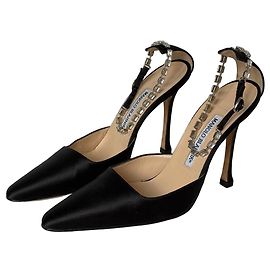 Décolleté Slingback Manolo Blahnik in raso nero con cristalli Nero