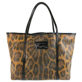 Dolce & Gabbana Leopard Print Patent Leather Tote Bag Brown Black