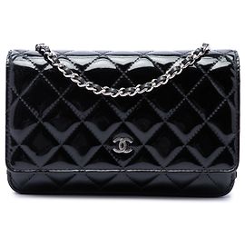 Chanel Black CC Quilted Patent Wallet On Chain Black