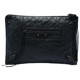 Balenciaga Black Lambskin Motocross Classic Flat Clutch Black