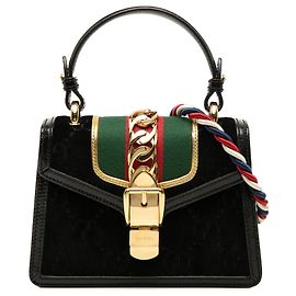 Borsa Gucci Black Mini GG Velvet Web Sylvie Top Handle Bag Nero