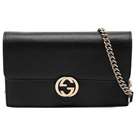 Carteira com corrente Gucci em couro de bezerro Dollar preto com G entrelaçados Preto