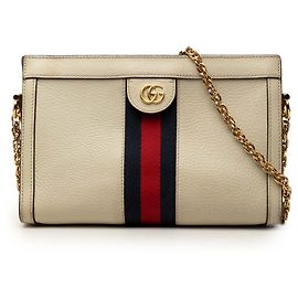 Gucci Borsa a Tracolla Ophidia Chain Piccola in Pelle di Vitello Bianca con Web Bianco