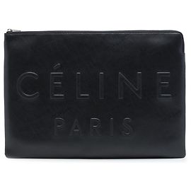 Céline Celine Black Embossed Leather Logo Clutch Black