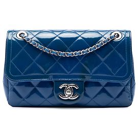 Chanel Blue Small Quilted Patent Coco Shine Flap Bleu
