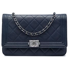 Chanel Blue Quilted Lambskin Boy Wallet On Chain Bleu Bleu Marine