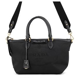 Prada Black Leather and Jacquard Canvas Handbag Black