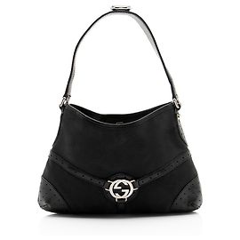 Bolsa de Ombro Média Gucci Canvas Reins Preto