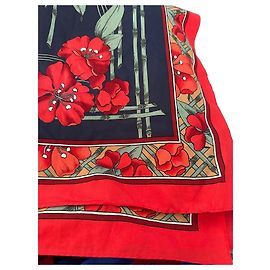 Pañuelo Hermès de seda motivo floral y bambú Roja Verde Azul oscuro