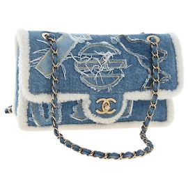 Borsa a tracolla con catena CHANEL Denim Blue Gold CC Auth 204897SM Blu D'oro