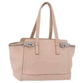 Salvatore Ferragamo Gancini Tote Bag Leather Beige Silver Auth ka6363 Silvery Beige
