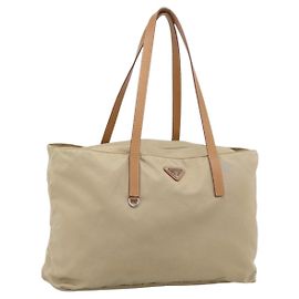 Bolso Tote PRADA Nylon Beige Silver Auth 206281A Plata Beige