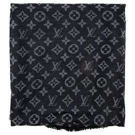 LOUIS VUITTON - Louis Vuitton Monogram Shine Schal aus schwarzer Seide und Metallicfasern Schwarz