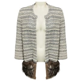 Casaco cardigan de malha de lã cinza Carolina Herrera com bainha de pele de raposa Cinza