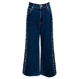 Veronica Beard Jeans Stoned Bright Blue Kasey Embellished Mid Rise Wide Leg Jeans Azul