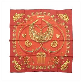 Hermès Carré 90 "LES CAVALIERS D'OR" Lenço de seda Vermelho Vermelho