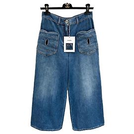 Jeans Chanel Wide Leg in Denim Blu Effetto Distressed Multicolore