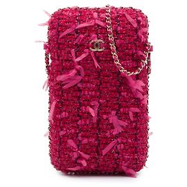Bolsa Tiracolo Porta-Celular em Tweed Rosa Chanel com Corrente Rosa