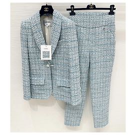 Set Due Pezzi Chanel Blazer e Pantaloni in Tweed Blu Multicolore