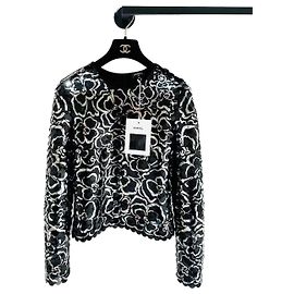 Camisola Chanel de Lã com Camélia e Lantejoulas Preto Multicor