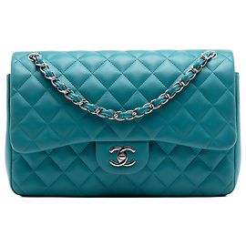 Bolsa de ombro Chanel Jumbo Classic Double Flap em pele de cordeiro azul Azul
