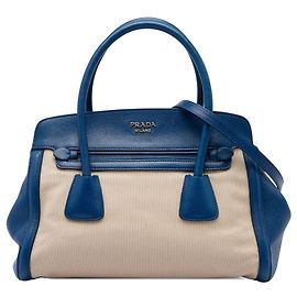 Bolsa Satchel Prada em Canapa com acabamentos em couro Saffiano azul Azul