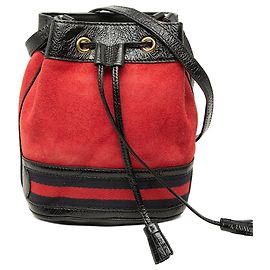 Mini Bolsa Bucket Ophidia Gucci em Camurça e Verniz Vermelha com Web Vermelho