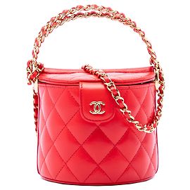 Red Chanel CC Quilted Lambskin Top Handle Round Vanity Case with Chain Satchel Red