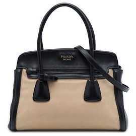 Bolsa Satchel Prada em lona bege com acabamento em couro Saffiano bicolor Bege