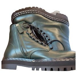 Proenza Schouler Dark Green Leather Combat Boots with Lug Sole Dark green