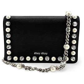 Clutch Miu Miu in pelle decorata con cristalli e perle, Medium Nero