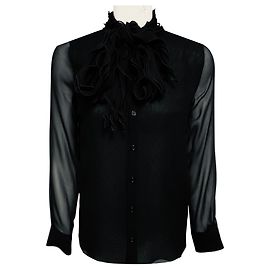 Blusa in seta Burberry a maniche lunghe con collo a fiocco e volant, nera Nero