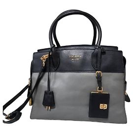 Prada Saffiano Leather Medium Esplanade Tote Bag - Grey/Black Black Grey