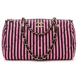 Chanel Borsa a mano in tessuto a righe rosa e nero Rosa