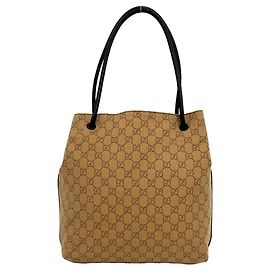 GUCCI GG Logo Canvas Leder Tote Bag Braun Beige