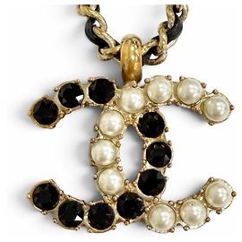 Collana a catena in pelle con perle e strass Chanel B20B Coco Mark Nero D'oro