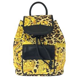Versace Vintage Rucksack mit Barock-Muster Schwarz Gelb
