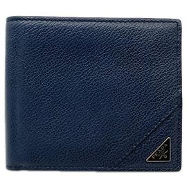 Cartera bi-fold Prada Vitello Daino con logotipo triangular Azul marino