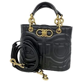 Salvatore Ferragamo Gancini Leather Handbag Black