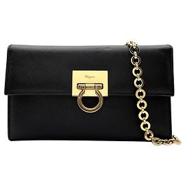 Salvatore Ferragamo Gancini Embossed Leather Chain Shoulder Bag Brown Black