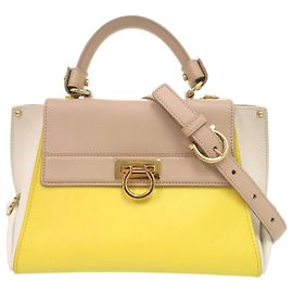 Salvatore Ferragamo Sofia Gancini Lederhandtasche Multicolor Weiß Mehrfarben Beige Gelb
