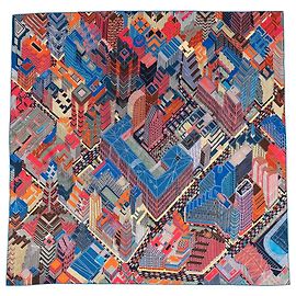 Lenço Hermès Pantin City 90cm Marrom Branco Vermelho Azul Multicor Verde Laranja Cinza