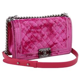 CHANEL Matelasse Boy Chanel Chain Shoulder Bag Velor Pink Silver CC Auth 206259M Silvery Pink