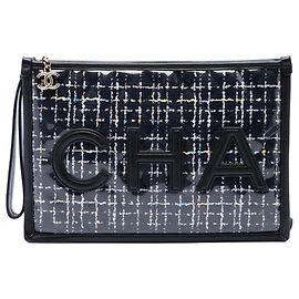 Clutch da polso Chanel Large Quilted Tweed PVC Logo Nera Nero