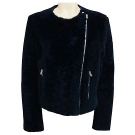 Céline Celine Navy Blue Zip Front Lambskin Shearling Jacket Navy blue