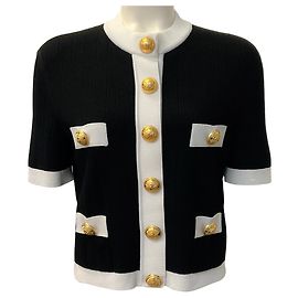 Balmain Black / White Button Front Knit Short Sleeved Jacket Black