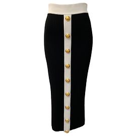 Jupe midi en maille Balmain noire / blanche avec boutonnage frontal Noir
