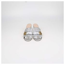 Gucci Silver Foil Leather GG Marmont Fringed Mules Silvery