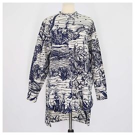 Christian Dior Navy Blue, Off White Cotton Printed Tunic Top Blue Eggshell