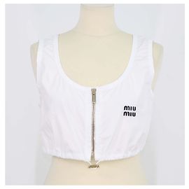 Miu Miu White Cotton Front Zip Drawstring Crop Top White